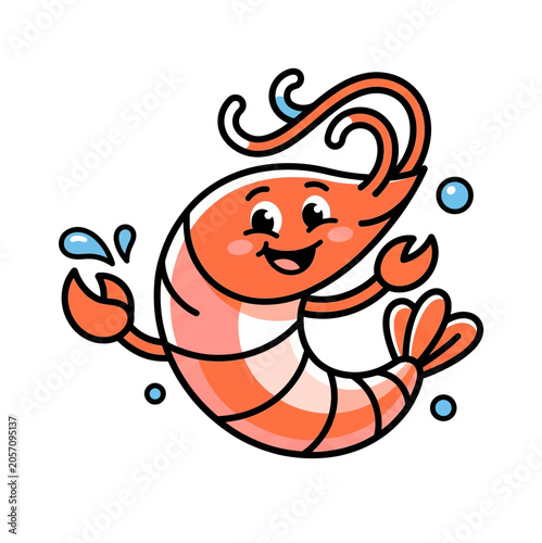 Happy Cartoon Shrimp Character Waving Hello with Bubbles Cute Seafood Mascot Illustration