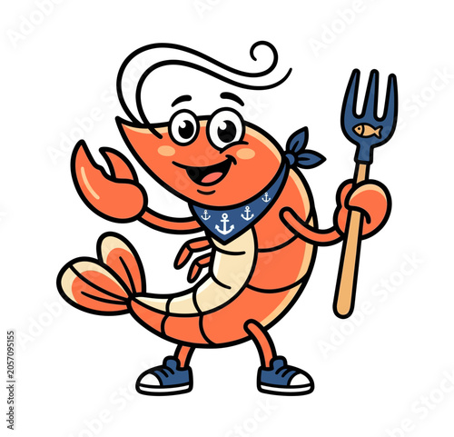 Smiling Cartoon Shrimp Character with Fork and Knife Cute Seafood Mascot for Restaurants Food Industry and Children s Entertainment