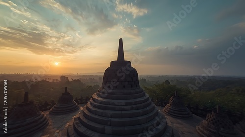 Borobudur Temple at Sunset Landscape View.