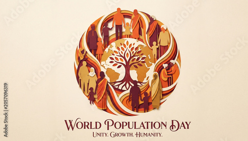 World Population Day Circular Awareness Badge with Diverse People and Global Sustainability Theme