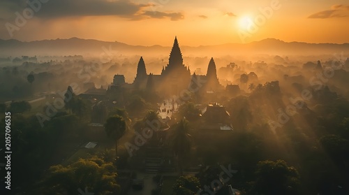 Borobudur Temple at sunrise with fog.