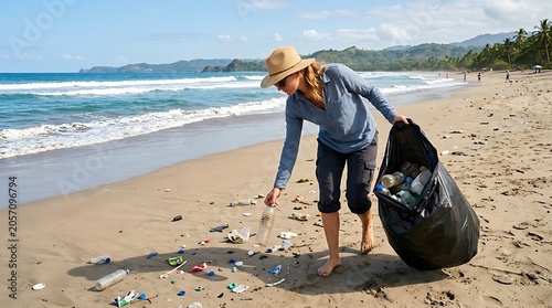 Woman picking up trash on beach.