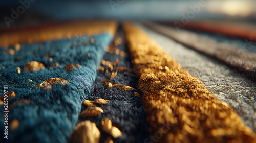 Close-up of colorful railway tracks on gravel with warm sunset lighting