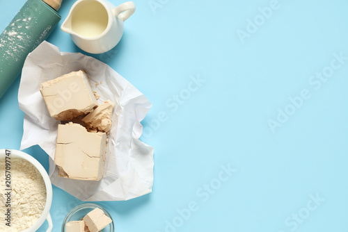 Fresh yeast blocks, flour, ...
