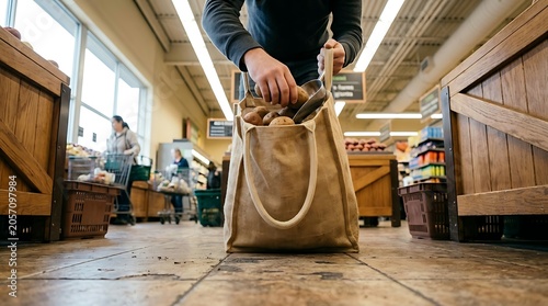 Person holding brown paper shopping bag.