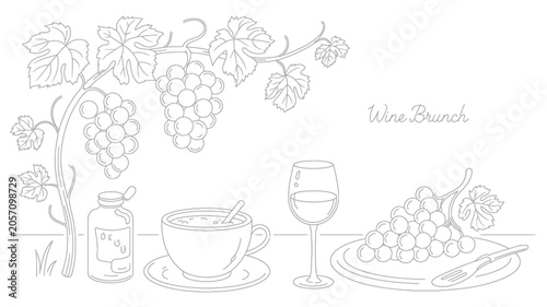 Line Art Illustration of Grapes Wine and Coffee Still Life Vector Illustration on White Background.