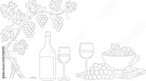 Vineyard Still Life with Wine and Grapes Rustic Botanical Vector Illustration on White Background.