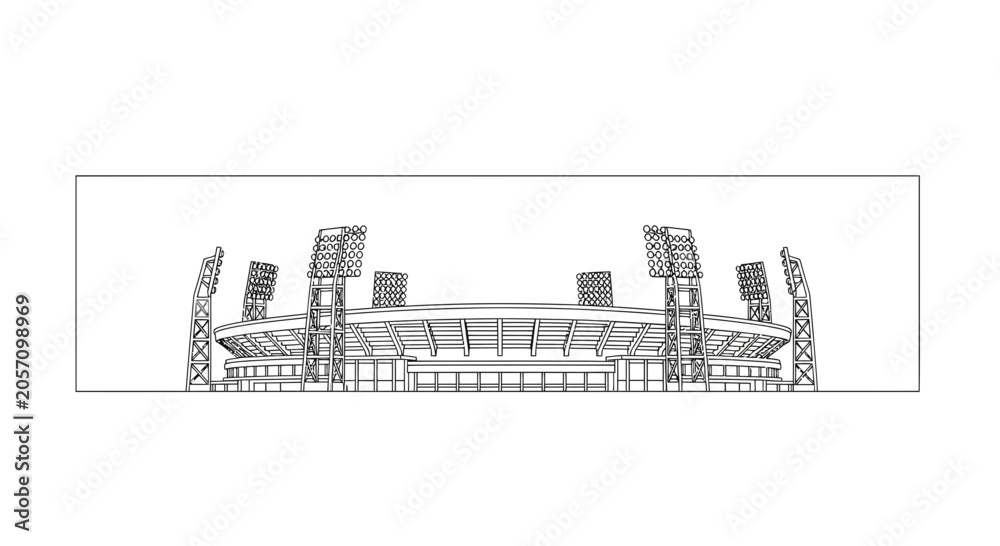 Obraz premium Panoramic Sketch of a Modern Sports Stadium with Floodlights