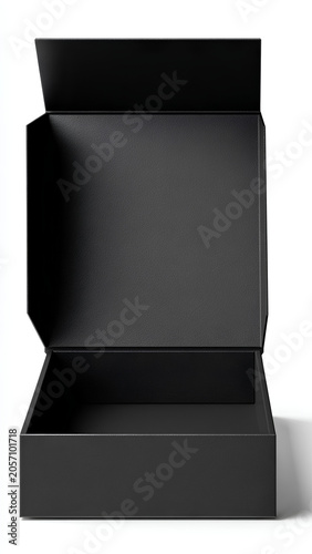 Blank black wide flat box with opened hinged flap lid on white background. Clipping path around box mock up. 3d illustration