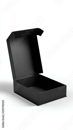 
Blank black wide flat box with opened hinged flap lid on white background. Clipping path around box mock up. 3d illustration