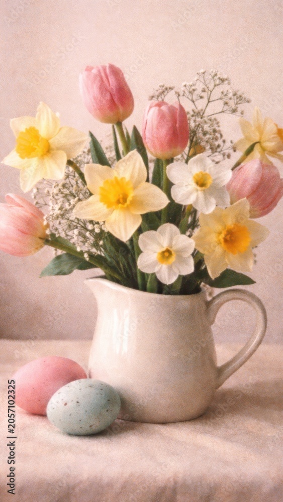 Obraz premium Spring flowers in ceramic vase mobile wallpaper