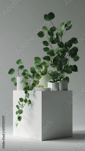 White product display podium with nature leaves. 3D rendering