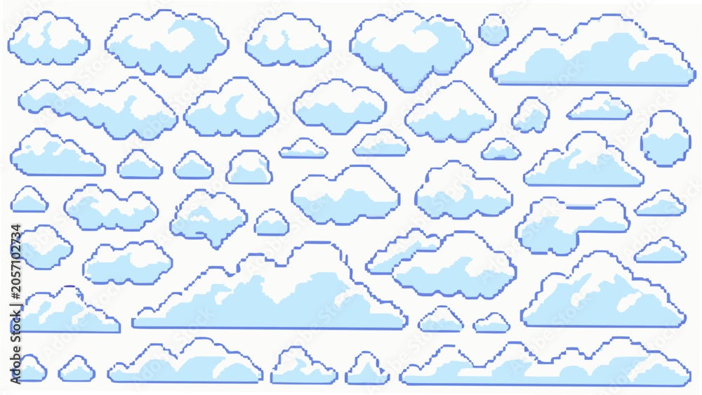 Fototapeta premium Pixelated clouds collection a vector illustration with a light blue palette