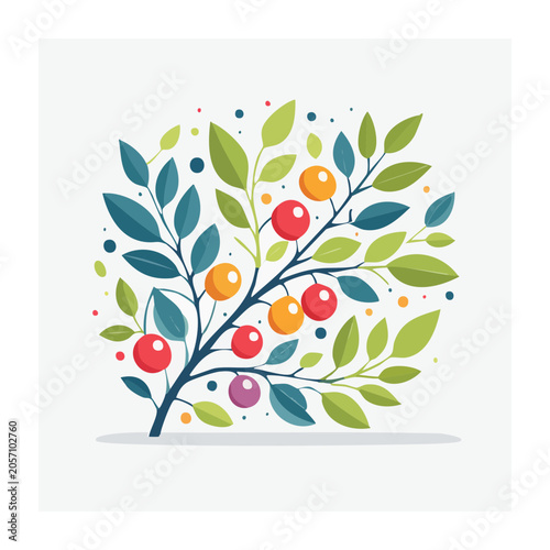 Flat design illustration of a branch with colorful berries and leaves