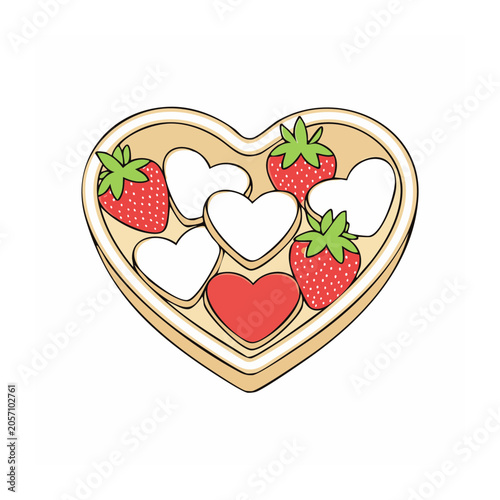 Flat design heart with strawberries and leaves