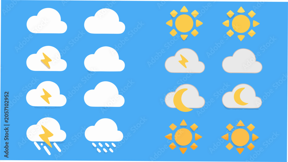 Obraz premium Weather Symbols Collection Flat Vector Illustration On Blue Background