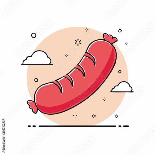 Stylized Sausage Illustration with Clouds and Stars
