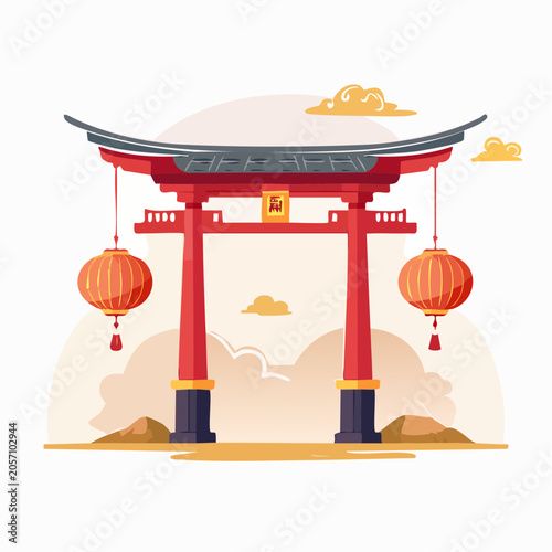 Traditional Japanese Torii Gate with Lanterns and Clouds