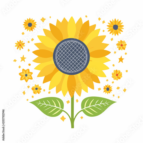 Stylized Sunflower Illustration with Small Flowers and Stars