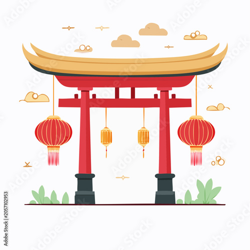 Traditional Japanese Torii Gate with Lanterns and Clouds