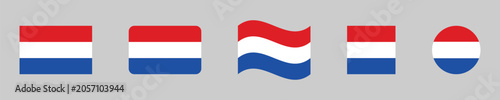Netherlands national flag shape collection featuring horizontal red white and blue stripes in flat rectangle rounded wavy square and circle vector design.