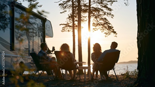People relaxing by RV near lake at sunset, trees, golden light
