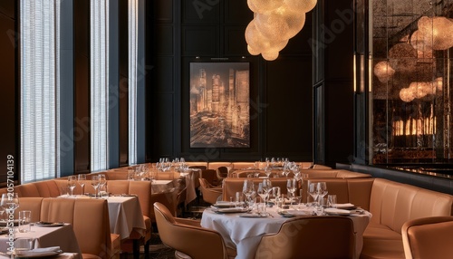 Luxurious dining room with plush booths, elegant table settings, and abstract lighting