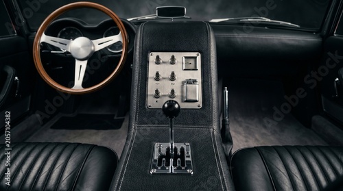 Luxurious Vintage Sports Car Interior Featuring Classic Wooden Steering Wheel, Gated Manual Gear Shifter, Chrome Toggle Switches, and Premium Black Leather Seats in Dramatic Lighting