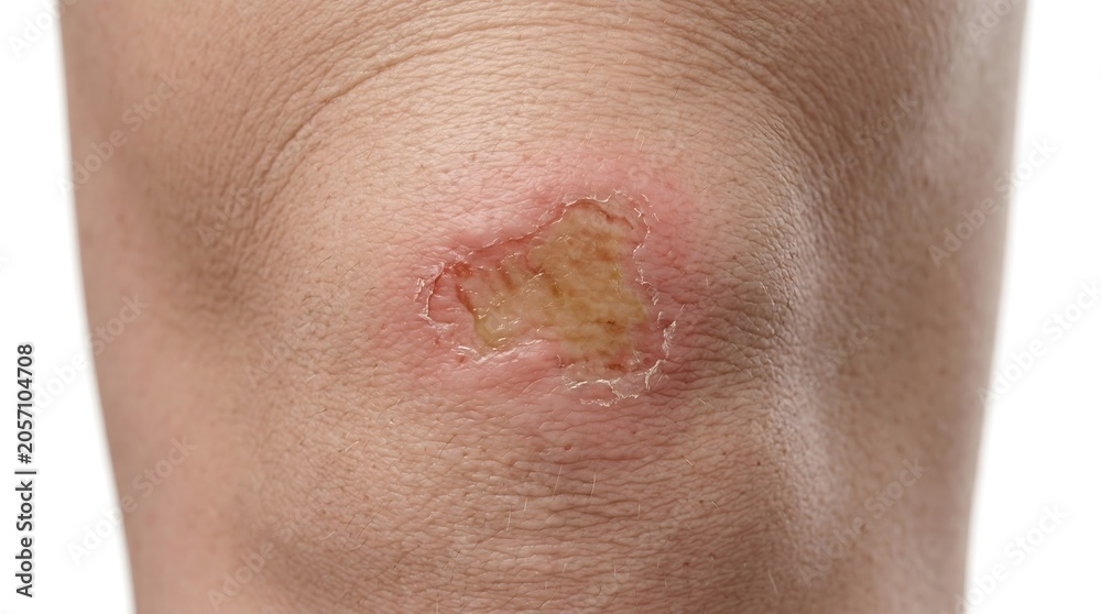 Naklejka premium Close up view of a scraped knee showing an open wound with red inflamed skin and healing tissue isolated on white background