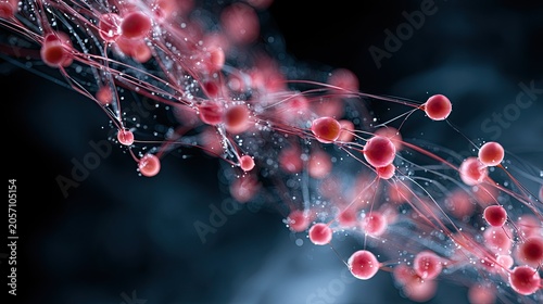 Abstract network of glowing red spheres connected by thin threads