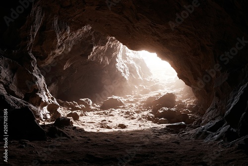 Natural cave opening illuminated by sunlight, revealing rough, rocky interior