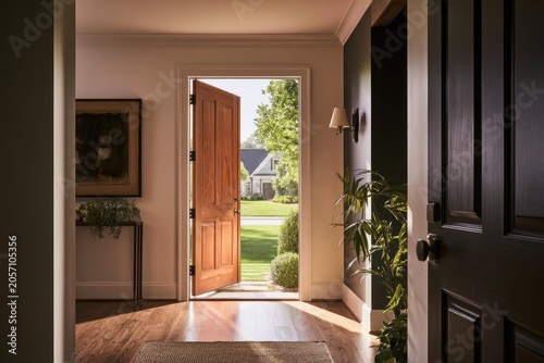 Open front door revealing a sunlit suburban yard with a welcoming entrance