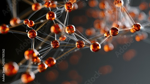 Abstract network of glowing amber spheres connected by thin white and gold threads