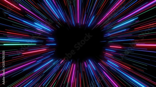 Vibrant neon light streaks bursting outwards from a central void on black