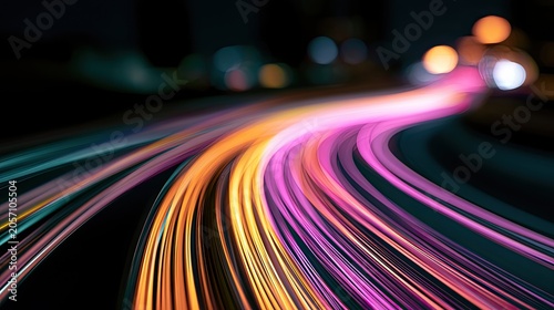 Streaks of colorful light illuminate a dark, blurred background