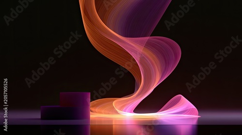 Abstract light forms swirl around geometric shapes, glowing with warm hues