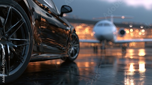 Luxurious vehicle beside private jet at airport tarmac at night