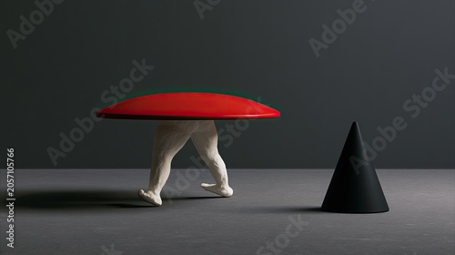 Whimsical furniture piece with a red mushroom-shaped top and human-like legs
