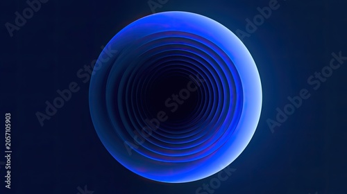 Abstract blue circular tunnel with layered rings fading into darkness