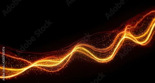 Bright glowing wavy energy trails with sparkling particles on black
