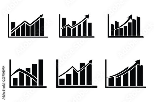Growing bar graph icon set. Business graphs and charts icons. Business statistics and analytics, charts diagrams, money, down or up arrow. Vector  