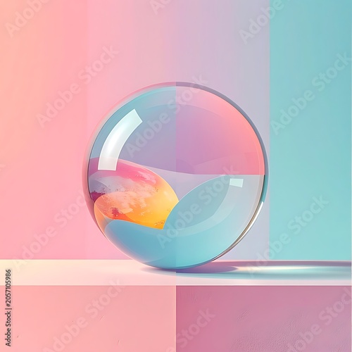 A glass sphere on a pastel-colored shelf with a sunset reflection
