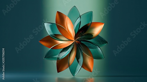 Abstract floral form with iridescent petals, casting soft shadow on a teal surface