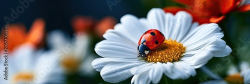 A small ladybug rests on a bright white daisy with a yellow center