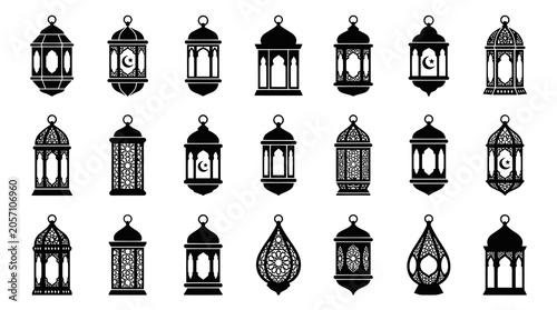 Ramadan Lanterns Glyph Icon Set - Traditional Islamic Fanoos Silhouettes for Religious Celebration