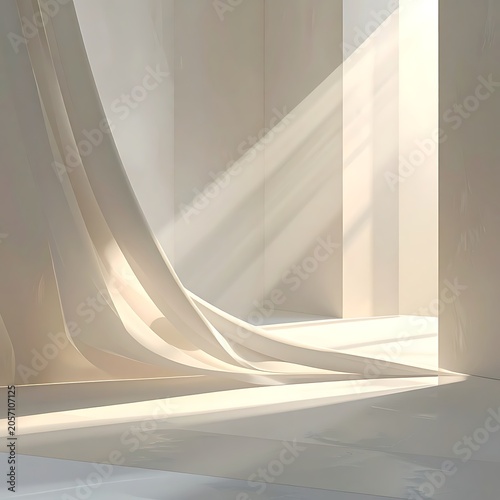 A serene, sunlit interior with flowing white fabric