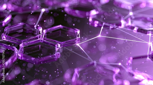Abstract purple hexagons connected by glowing lines, shimmering particles