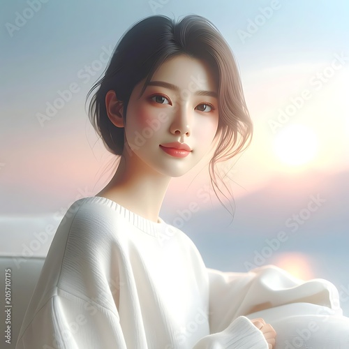 A serene young woman in a white sweater against a sunset backdrop