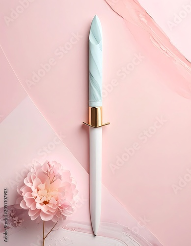 A white and gold colored pencil on a pink background with a pink flower
