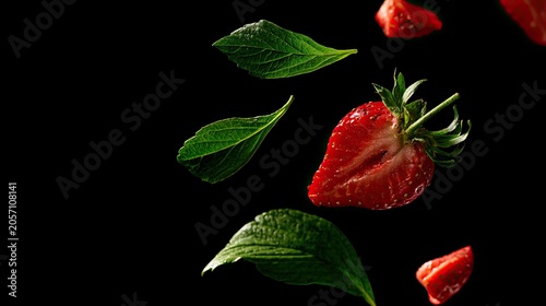 Fresh red strawberries and green leaves suspended against a dark background